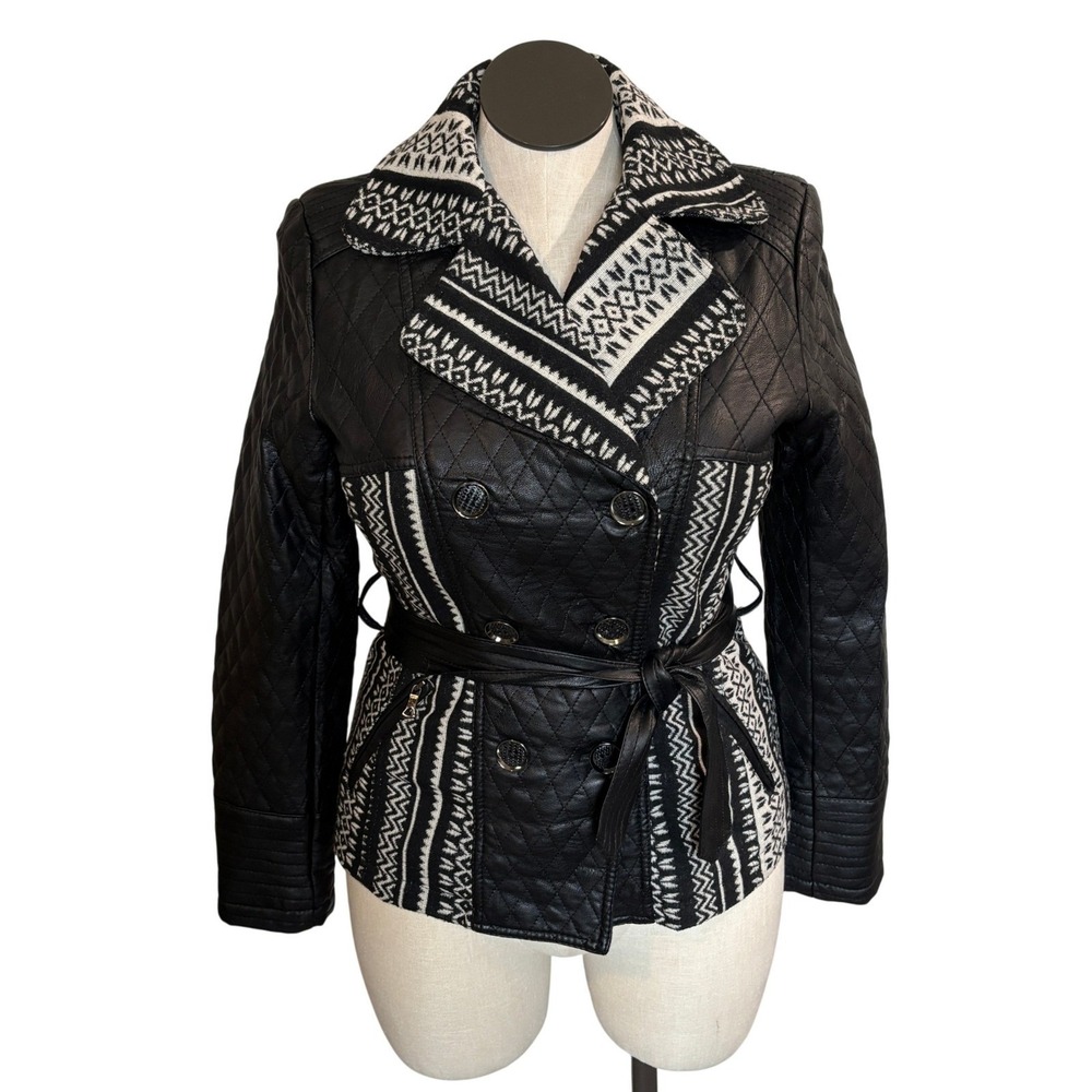 Women's L Black Quilted Faux Leather Aztec Western Whimsigoth Chic Moto Jacket
